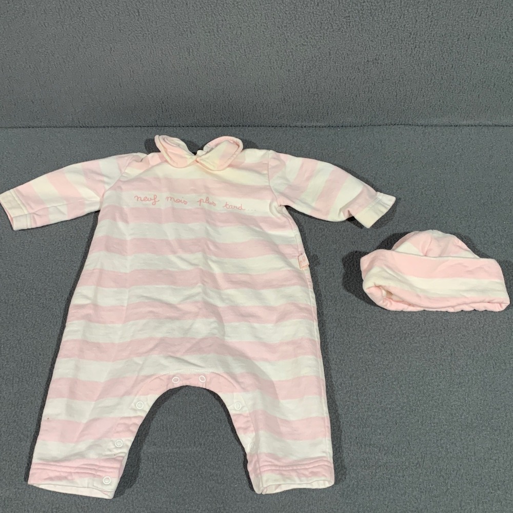 Petit Bateau Pink White Striped Cotton Romper Hat Set 6M Made‎ in France